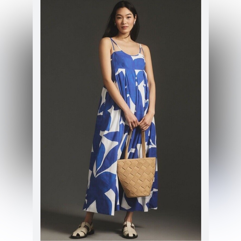 By Anthropologie 100% Cotton Blue White Floral Maxi Summer Dress Pockets XS - Picture 12 of 16